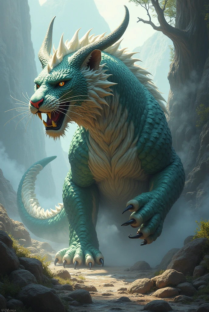 "Design a cheetah and dragon fusion with glowing eyes and intertwined scales and fur, exuding raw, terrifying power."