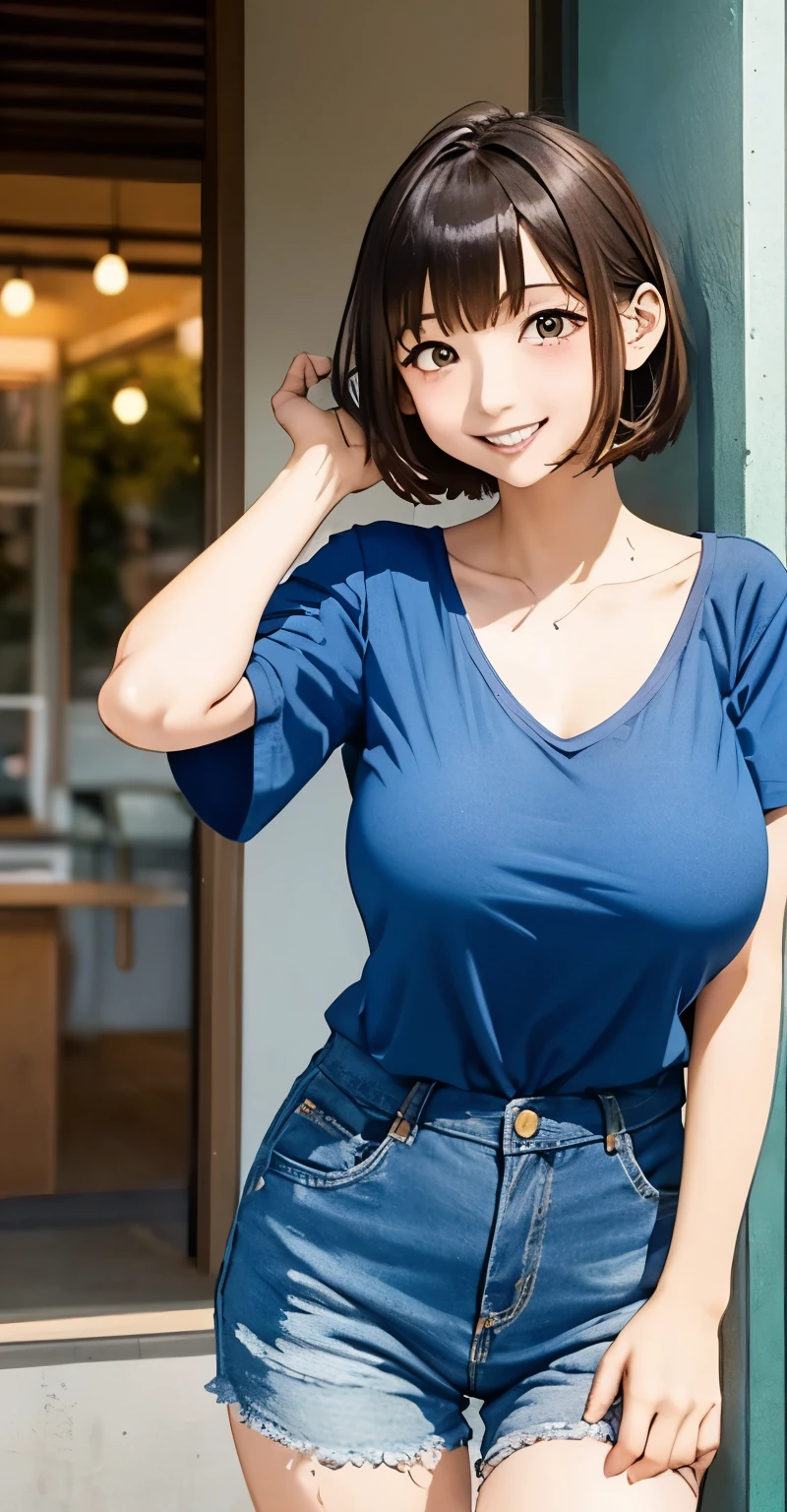 Anime illustration、Best Quality、Short and clever high school student、Hot pants、Sandy Beach、Perfect balance、(((Overwhelmingly large breasts)))、beautiful, Shining Eyes、Blushed、smile、Cowboy Shot