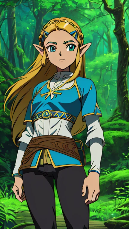 (Teens:1girl: pricess zelda, nintendo, the legend of zelda, botw), (extremely detailed CG unit 8k wallpaper),(master part), (best quality), (ultra detail), (best illustration),(digital art), standing, neutral pose, cowboy shot, (Sharp eyeliner, ombre, detailed eyes:1), forest, outdoor, ,break , (Digimon style), upper body, (black pants)