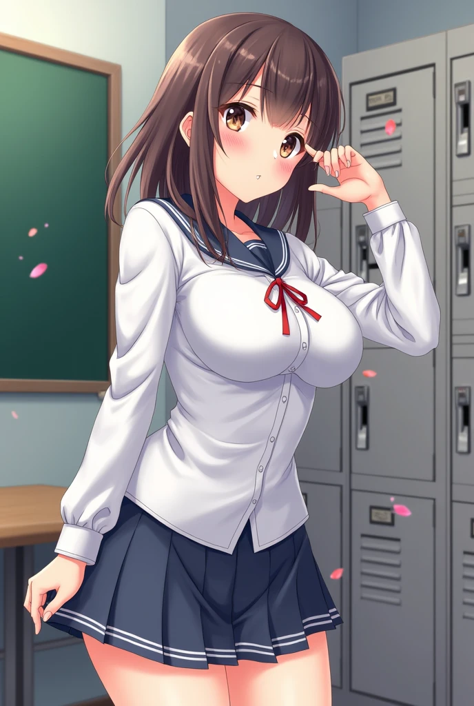 elite school uniform is sheer,(covered nipples:0.9),breasts, button gap,red white gold uniform,(button gap:1.5), white skirt, white top, red ribbon, golden buttons, golden shoulder pats, young adult, 19 years, brown bobcut hair, brown eyes, beautiful brown eyes, big breast, striking body curves, horny smile, pink lips,  girl, cute pose, masterpiece, classroom background, school