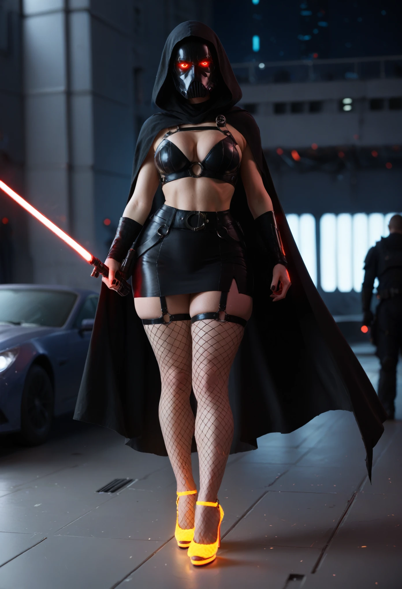 long thick light sabre, fishnet stockings, soft body, very wide hips, big busting out breast, big ass, strong makeup, red glowing eyes, tight mini skirt, harness, top armor, cape, vader mask, glowing high heels, standing on the ground, neon future, techno, epic light, proffesional photo, studio, night city battlefield, star wars, sith attack