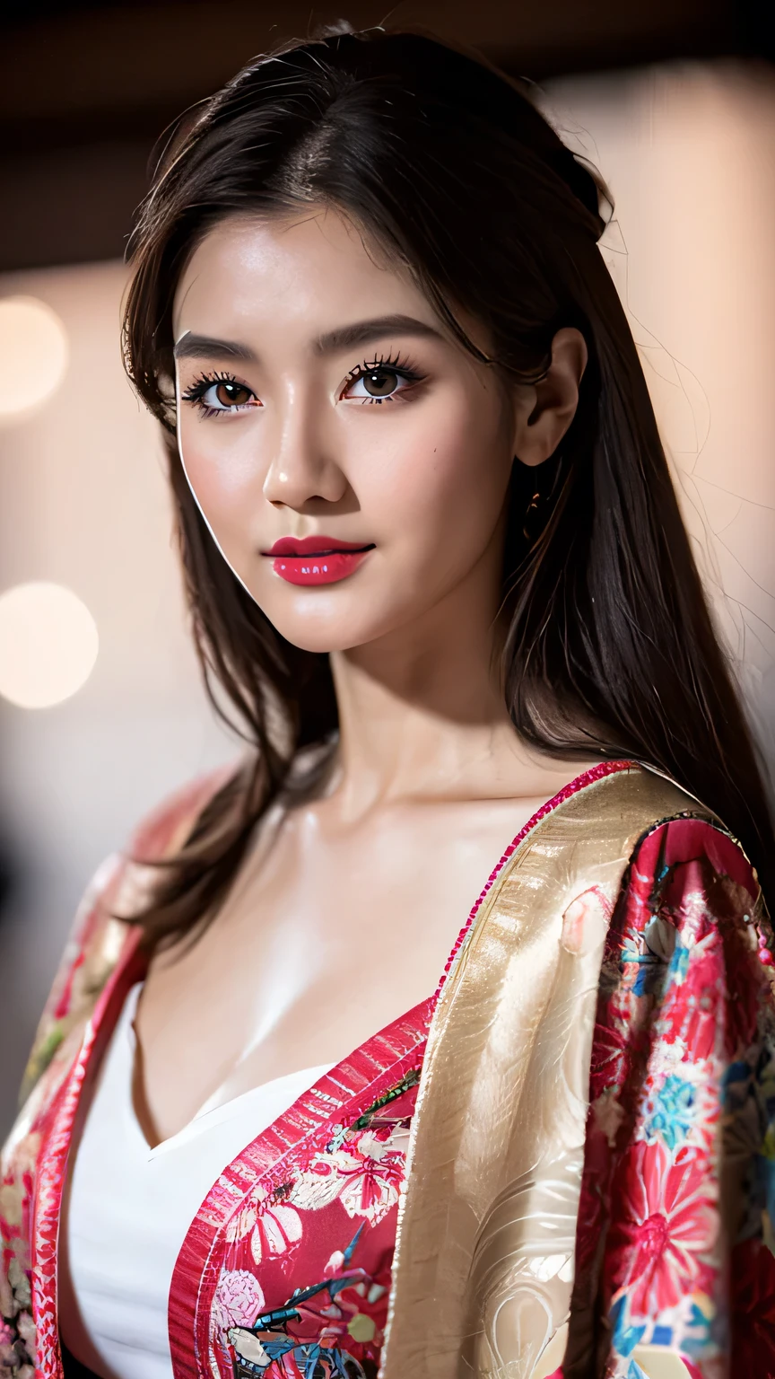 Realistic, Highest quality, 8k, woman, 20-year-old, Sakura pattern kimono, Large Bust, Long Hair, Ultra-detailed skin textures, Soft Lighting, Fairy, Bokeh, Red Lipstick, Sensual Lipstick, Sensational Make up 