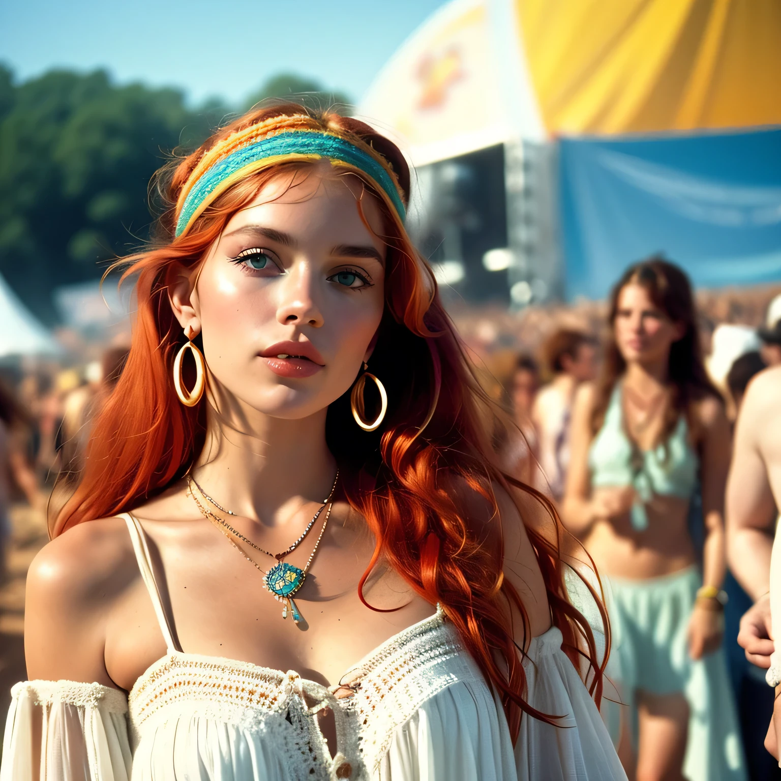 a beautiful American hippie girl , 21 years, at the Woodstock concert in 1969, wavy, messy red hair with a hip headband , blue-green eyes, ultra-realistic eyes, white skin, natural make-up, Wear hippie clothes, full body portrait , lightweight V mini crocheted summer dress, Psychedelic jewelry, Hippie earrings, Hippie Necklace, Ultra-detailed face, ultra-realistic skin, 8k, ultra high resolution, photorealistic, UHD close-up, floating look, stoned face, casual, (Peace and love, Woodstock 1969 mood, Open-air rock concert in the background:1.3), RAW-Foto, sharp