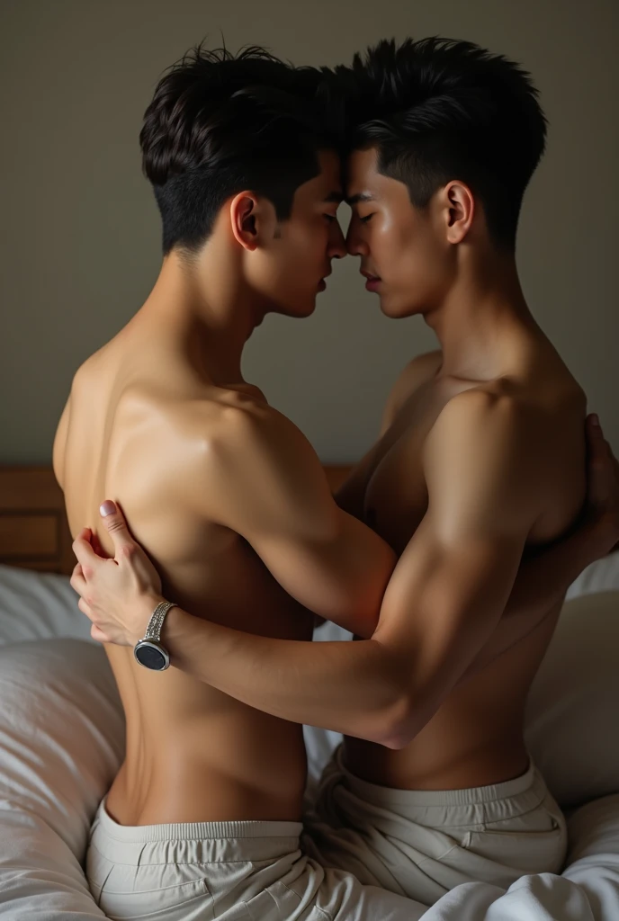 masterpiece, gay couple, two 20 year old male idols, Asian, pretty faces, athletic bodies, smooth armpits, big chest, anal sex, bed, dressing room