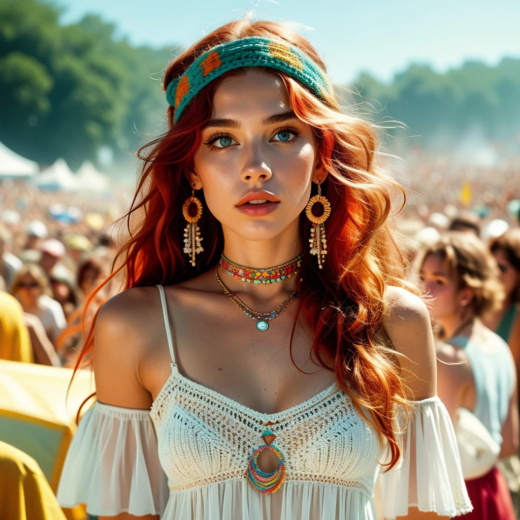 a beautiful American hippie girl , 21 years, at the Woodstock concert in 1969, wavy, messy red hair with a hip headband , blue-green eyes, ultra-realistic eyes, white skin, natural make-up, Wear hippie clothes, full body portrait , lightweight V mini crocheted summer dress, Psychedelic jewelry, Hippie earrings, Hippie Necklace, Ultra-detailed face, ultra-realistic skin, 8k, ultra high resolution, photorealistic, UHD close-up, floating look, stoned face, casual, (Peace and love, Woodstock 1969 mood, Open-air rock concert in the background:1.3), RAW-Foto, sharp