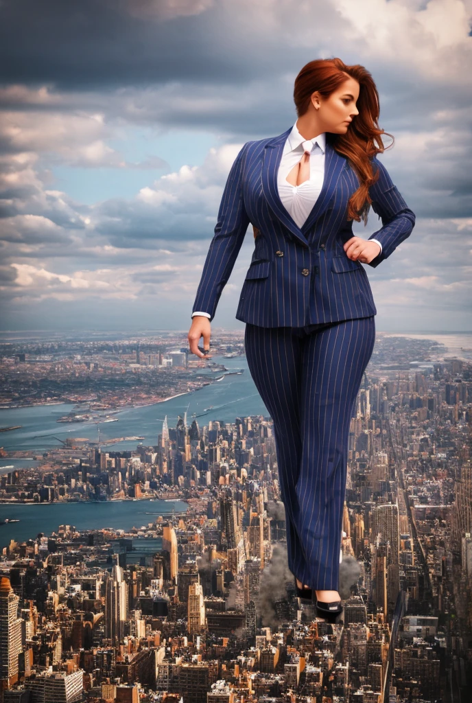 Giantess art, tera giantess in distance walking on countries, young women with beautiful curves, massive thighs, ginger hair, lipstick, wearing a perfect form-fitting loght grey pinstripe trouser suit and blazer, crisp white shirt with large spread collar, large blade width Windsor knot blue tie, with massive breasts. She is wearing platform high heels A towering woman looking at viewers, Her toned and she lean and slender body. She seems to be casually strolling through the bustling cityscape of New York City, as towering buildings loom overhead. Smoke and clouds roil around her, adding to the sense of epic scale and drama. The lighting is dark, gloomy, and realistic, creating a tense and ominous atmosphere. The perspective is from below, emphasizing the sheer majesty and power of the A towering Giantess. This image is highly detailed, photorealistic, best quality, a masterpiece, with cinematic lighting, ultra-detailed, long ponytail hair with front bangs, high altitude photography, satellite view, a curvy figure, heaving bosom, legs, a stepping on mulitple mega city,, destruction, buildings, roads, a cloudy, overcast, hazy atmosphere, and wispy clouds. Pov