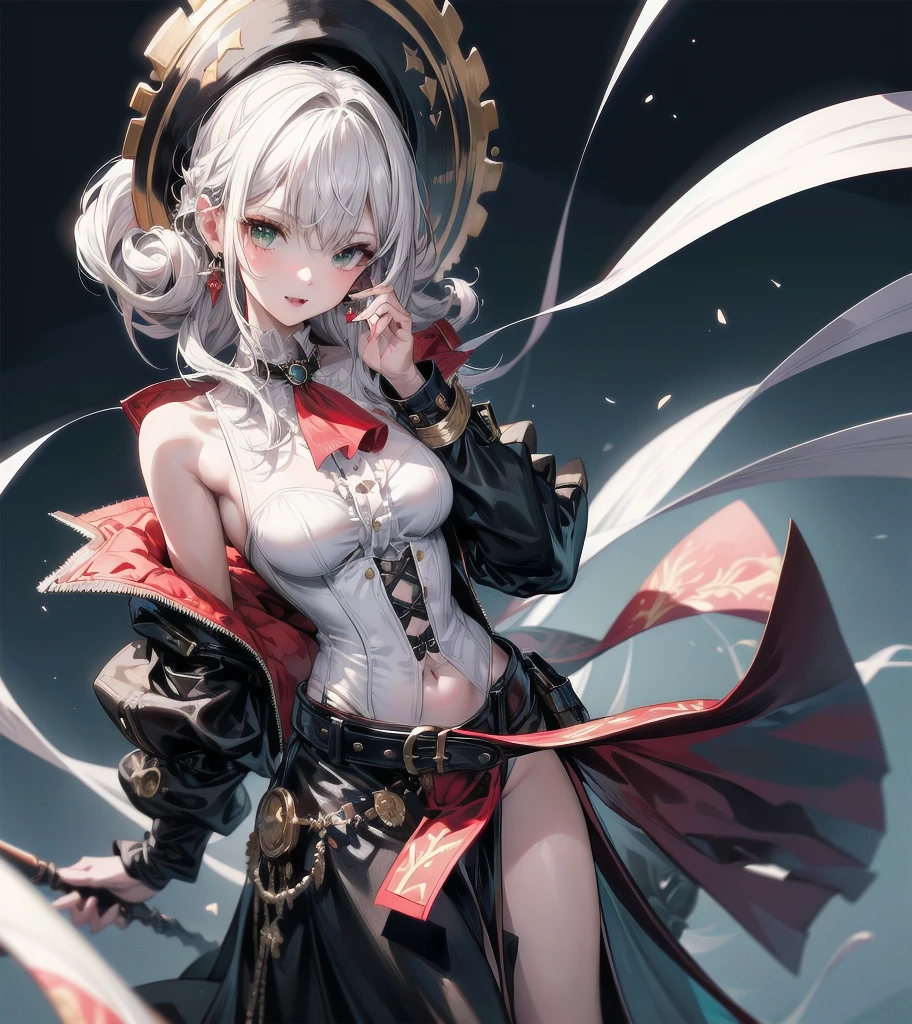 absurdres, RAW photo, extremely delicate and beautiful, masterpiece, Best Quality, ultra high resolution, 32k, hyperrealistic, ultra-detailed, detailed description, perfect anatomy, pale skin, 20 years old, detailed beautiful face and eyes, tearful mole, earring, short medium hair, wavy hair, whole body shot, colossal tits, ((yuri)), Practical pirate clothing, Long-sleeved pirate top, Skirt,