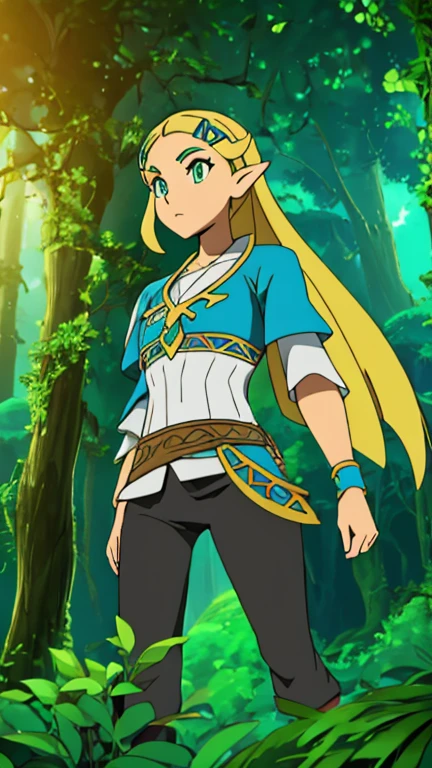 (s:1girl: pricess zelda, nintendo, the legend of zelda, botw), (extremely detailed CG unit 8k wallpaper),(master part), (best quality), (ultra detail), (best illustration),(digital art), standing, neutral pose, cowboy shot, (Sharp eyeliner, ombre, detailed eyes:1), forest, outdoor, ,break , (Alola Style), upper body, (black pants)