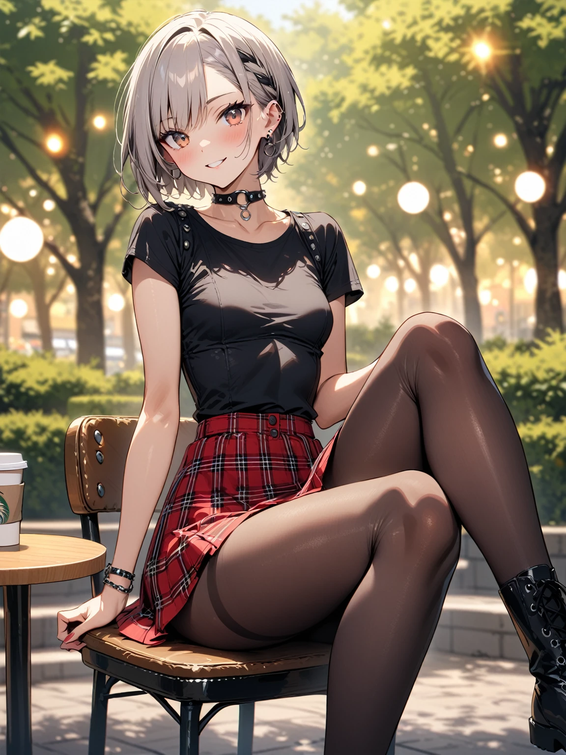 (masterpiece, best quality, very aesthetic, absurdres), 1girl, perfect body, anatomically correct, 

20 years old, (adult women), (standard height), ((ash gray hair)), (very short hair:1.3), (asymmetrical hairstyle:1.3), partial bangs, BREAK dark brown eyes, droopy eyes, captivating thighs, small breasts, lots of pierced earrings, leather choker, silver bracelet, studded bracelets, bare belly button, belly piercing, BREAK Autumn outfits, fashion snaps, (casual punk style fashion), red tartan mini skirt, black pantyhose, black combat boots,

looking at viewer, smile, sitting on chair, crossed legs, dynamic angles, dynamic pose, 

BREAK coffee shop, tables, chairs, park, trees, sidewalk, bushes, city, 

BREAK portrait shot, shallow depth of field, (bokeh:1.3), blurry background, 85mm lens, out of focus lights in background, high quality, detailed,