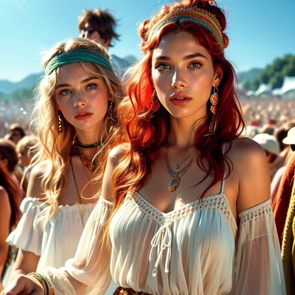 a beautiful American hippie girl , 21 years, at the Woodstock concert in 1969, wavy, messy red hair with a hip headband , blue-green eyes, ultra-realistic eyes, white skin, natural make-up, Wear hippie clothes, full body portrait , lightweight V mini crocheted summer dress, Psychedelic jewelry, Hippie earrings, Hippie Necklace, Ultra-detailed face, ultra-realistic skin, 8k, ultra high resolution, photorealistic, UHD close-up, floating look, stoned face, casual, (Peace and love, Woodstock 1969 mood, Open-air rock concert in the background:1.3), RAW-Foto, sharp