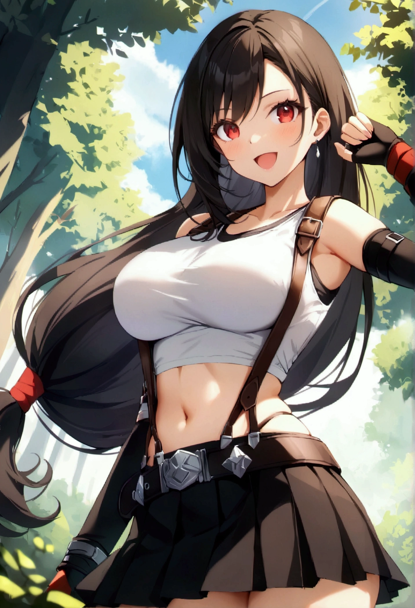 score_9, score_8_up, score_7_up,(anime style) , below_view,(breast focus),sitting,straight-on,leg apart,,perfect composition,(mediumshot:1),looking_at_viewer ,1girl, tifa lockhart, final fantasy,(beautiful woman:1.2).make up,lips,black hair, low-tied long hair, red eyes, bangs, white tank top,(short tank top:1.2), belt, pleated skirt, thighhighs, elbow fingerless gloves, elbow pads, midriff, navel,suspender skirt.zettai ryouiki ,(large_breasts),light smile,,slender_waist ,Solo,,(daytime and outdoors),(masterpeace),(best quality),(aesthetic,very aesthetic),(highly detailed),hdr,,arms in sides