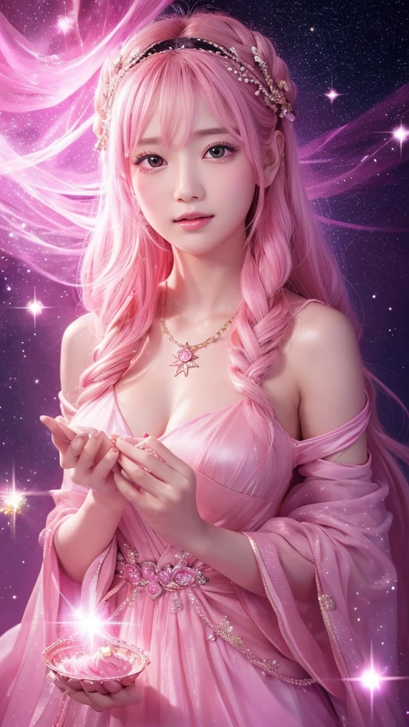 4K Ultra HD, Masterpiece, A girl with a magical aura, Good face, Long hair, shinny hair, Detailed eyes, Glossy lips, Wearing a red Lolita costume, The aura around the body, Magical effect, Spread white light, Cosmic elements and ethereal atmosphere, A mix of bright lights and colorful nebulae, universe background, Sitting, Full body capture.