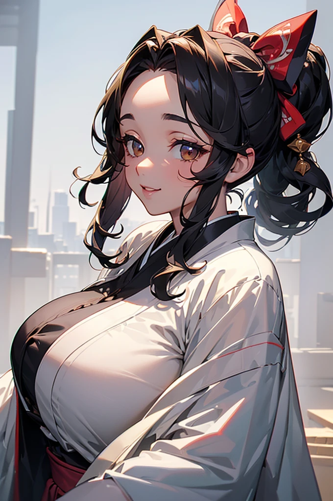 ((((High resolution, Intricate details, masterpiece, 8k, from front)))), (((beautiful, Ultraman, Wearing a shiny suit, Do not expose skin))), ((In the town, One Woman, smile, Red cheeks, Big Breasts, Large Breasts, Huge Saggy Tits, Chubby)), (Black Hair, Beautiful forehead, Long Hair, ponytail, Big ribbon, Glowing Skin), from front, looking at viewer, look at viewer, pub, bright,