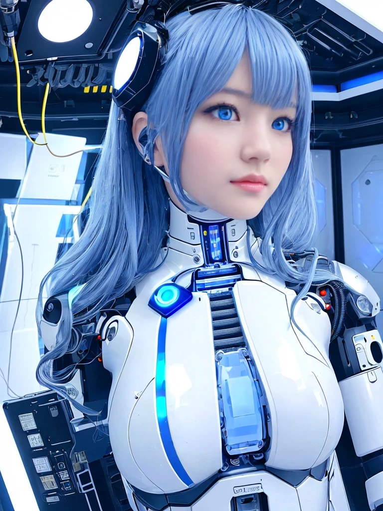 (highest quality, High resolution, masterpiece:1.2), Super detailed, realistic:1.37,(perfect anatomy),1 girl, cowboy shot,Cute and completely beautiful Japanese idol women,Inside the operating room being converted into a robot,(lots of cables:1.1),Lots of tubes,monitor screen,(Modified into a very pop idol robot:1.1),Are standing,(Blue color contact lenses:1.4),(glowing eyes:1.3),beautiful eyes,beautiful skin, detailed facial features, complicated hair, detailed costume, beautiful lips,(Super cute blue and white idol robot suit, skirt, and futuristic design boots:1.1), metal necklace,futuristic electric hair ornament, seductive makeup,,light blue hair bob cut,Moe pose、laughter, cyber lab