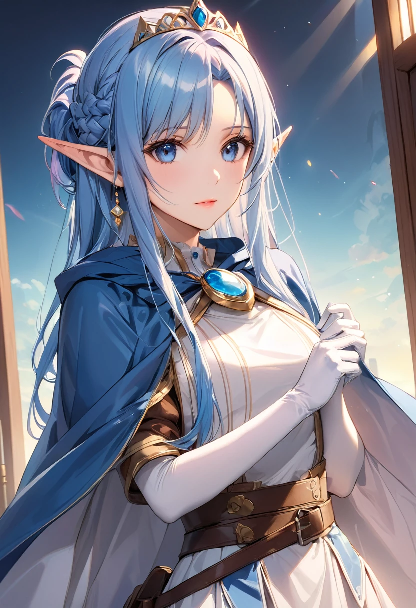 ((masterpiece)), Best Quality, Very detailed,(One Girl), Yuuki as a costume, blue eyes, Blue Hair, Long Hair, bangs, Braiding, Elf., dress, (((Light blue cloak:1.2))), gloves, jewelry, Clevis, Princess,elbow gloves,Tiara,brooch,white gloves、Adult female、thin、so beautiful、Beautiful Face、Long skirt、(((Blue and white armor, Shiny Armor:1.2)))、Has a bow、Gold earrings、blue eyes, Blue Hair, Pink Lips、Yuuki Asuna, Pointed Ears, Blue Hair, 白いLong skirt,