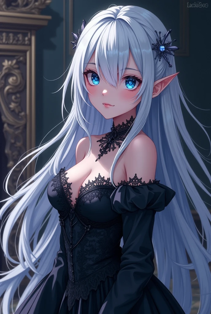 (best qualityer, ultra detali, photorrealistic: 1.39), Face of a naughty 29 year old teenager, beautfull woman, (mellow), pale white skin, red cheek, blush, bright and vibrant colors, studio lighting, romantic expression, perfect large breasts, shoulder straps, plunging neckleace, during, (black gown), luxurious dress, clavicle, neckleace, luxurious, (beautiful round breasts:1.2), (thighs point of view), wind blowing hair, bright coloured, dynamic lighting, ((face detailed)), long silver hair, bangsss laterais, bangss, wavy hair, (wire braids), hair clips, hair over eyes, blue colored eyes, attractive eyes, Glossy lips, pose sexy, beautiful roses, smiling with confidence and seduction, Posing for a professional photo shoot, Shallow depth of field, soft natural lighting, Creating a dreamy and magical atmosphere, vampyre, Gothic, on the bed, dark Castle,detailed eyes, detaield hands, detailed face, elf woman, full body