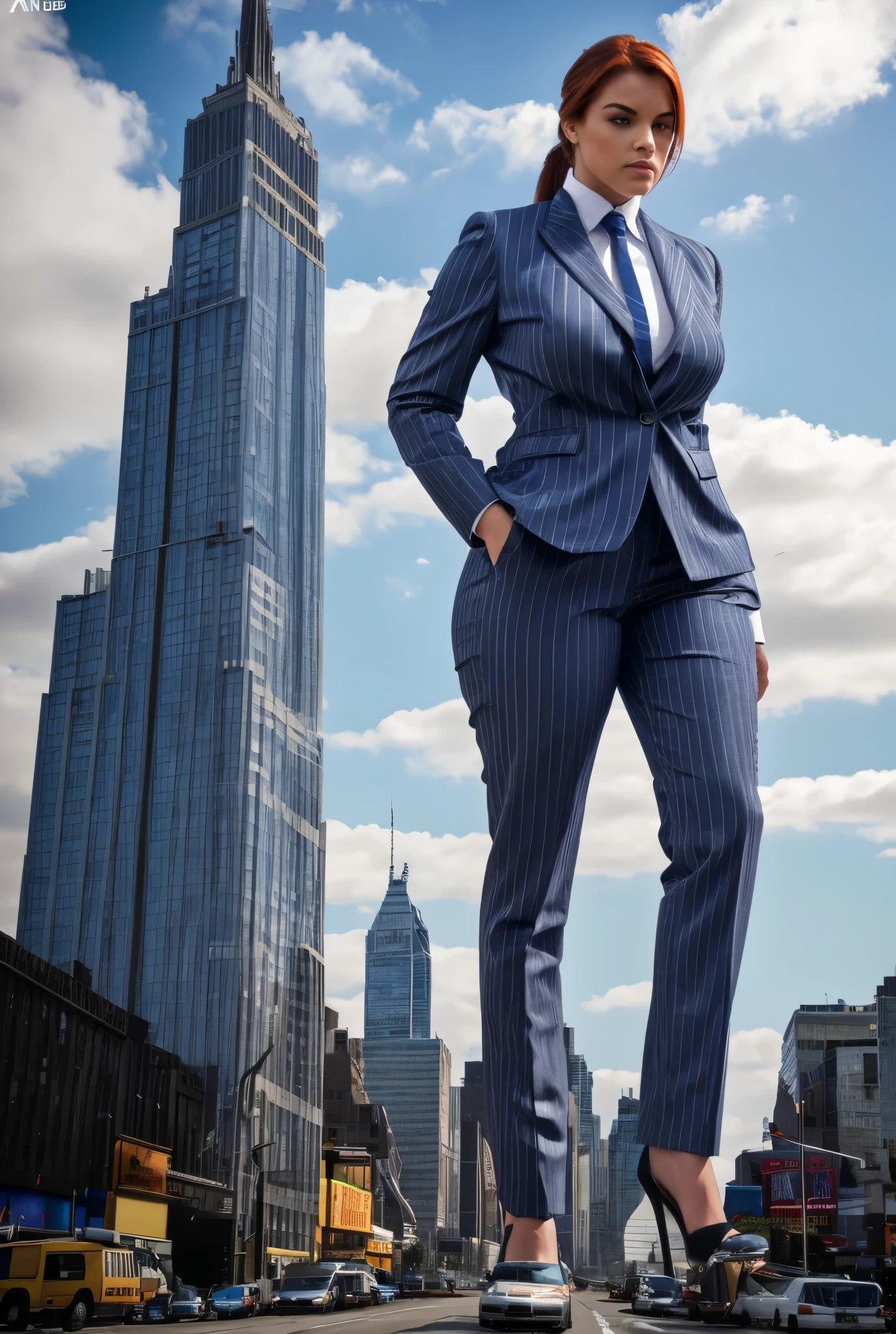 Giantess art, tera giantess in distance walking on countries, young women with beautiful curves, massive thighs, ginger hair, lipstick, wearing a perfect form-fitting loght grey pinstripe trouser suit and blazer, crisp white shirt with large spread collar, large blade width Windsor knot blue tie, with massive breasts. She is wearing platform high heels A towering woman looking at viewers, Her toned and she lean and slender body. She seems to be casually strolling through the bustling cityscape of New York City, as towering buildings loom overhead. Smoke and clouds roil around her, adding to the sense of epic scale and drama. The lighting is dark, gloomy, and realistic, creating a tense and ominous atmosphere. The perspective is from below, emphasizing the sheer majesty and power of the A towering Giantess. This image is highly detailed, photorealistic, best quality, a masterpiece, with cinematic lighting, ultra-detailed, long ponytail hair with front bangs, high altitude photography, satellite view, a curvy figure, heaving bosom, legs, a stepping on mulitple mega city,, destruction, buildings, roads, a cloudy, overcast, hazy atmosphere, and wispy clouds. Pov