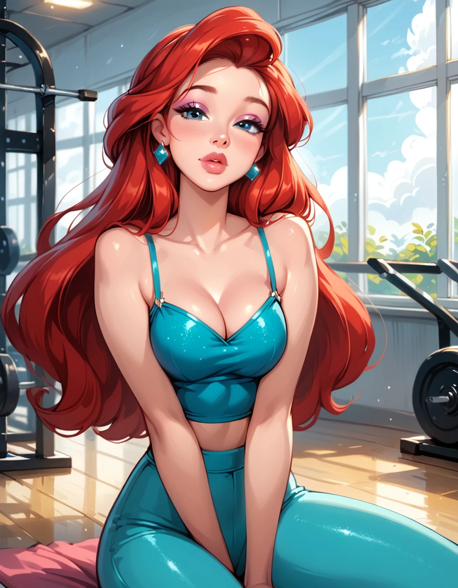 score_9, score_8_up, score_7_up, rating_questionable, epiCPhoto, 1girl, very sexy (Disney's Ariel, ar_el, fair skin, red hair:1.1), beautiful waifu, teal yoga pants, in gym, thicc, solo, cute, flirt, gaze, sexy look, half-closed eyes, head tilt, filled lips, thick lips, makeup, modelling shoot, sexy pose, face portrait, close-up.