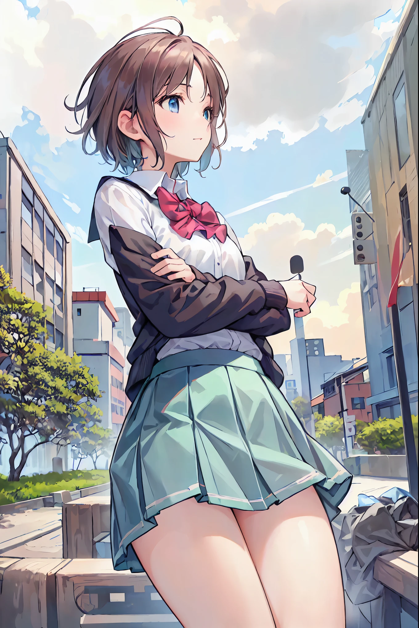 Anime girl in a skirt and jacket standing on a city street - SeaArt AI