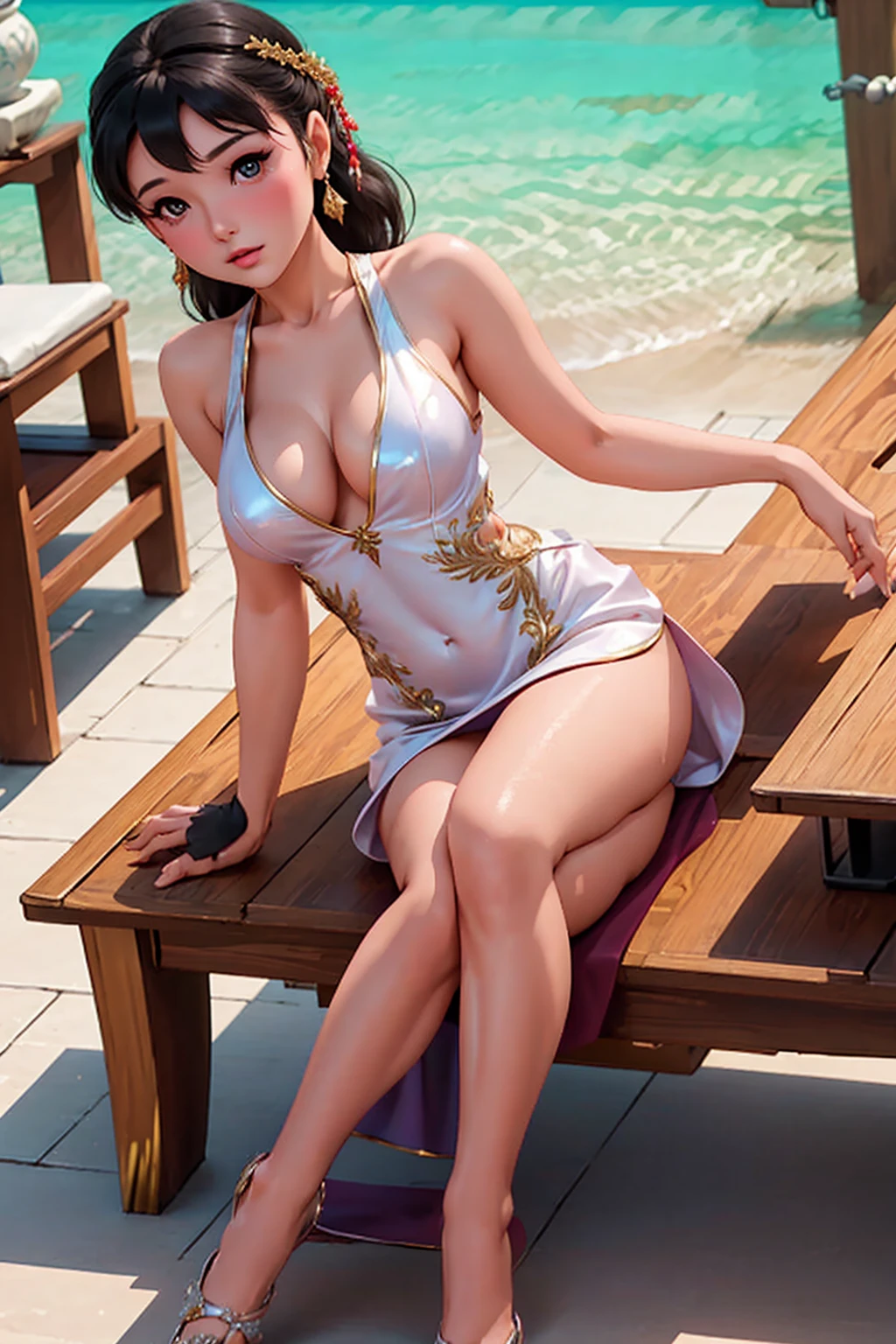 Ultra-realistic 8K CG, beautiful woman, divine beauty, Eyes seductive, make-up, Medium breasts, cleavage showing, oriental costumes, legs showing, posing for a professional photograph,deep v transparent dress,shizuka