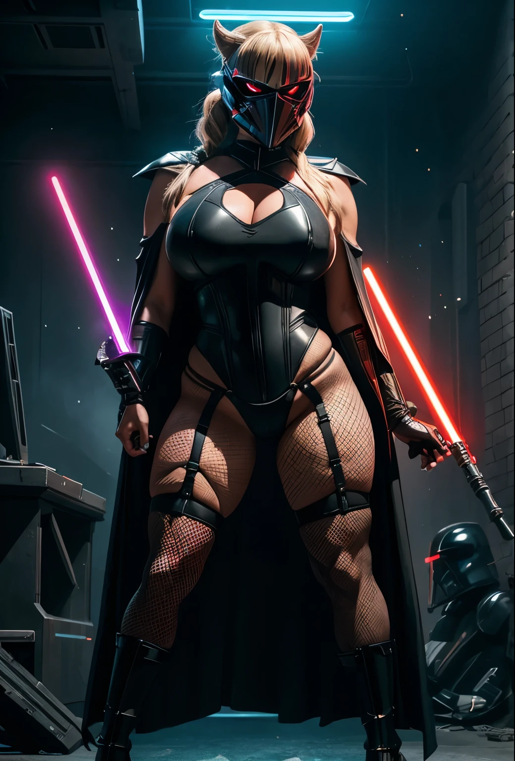 long thick light double sabre, half mask, stormtropers clone wars, horny, angry, american face, fishnet stockings, bdsm harness, curvy body, very wide hips, huge breast, busting out, big ass, pony tail, strong makeup, red glowing eyes, micro monokini, armor top, cape, high heels, standing on the ground, battlefield, neon future, techno, epic light, proffesional photo, studio, star wars, sith