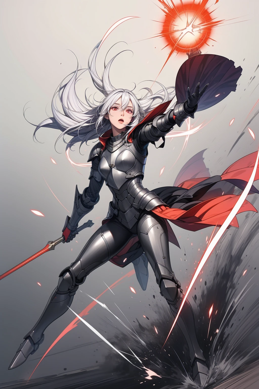 1 girl, battlefield, fullbody shot, wearing armor, white hair floating up, floating on the air, on the battle field, hands rise, eyes glowing red, 