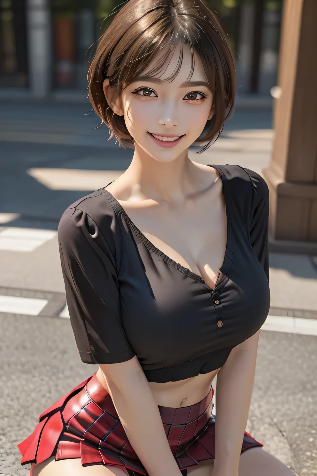 (1. The Ultimate Beauty), Very detailed face, beautiful brown eyes, Double eyelids, eyelash, grin. Slightly thick detailed lip, Black Short Hair, (Light purple blouse:1.2), (Red tight mini skirt:1.4), (huge breasts), A gentle smile, Thighs, Perfect lighting, (Realistic:1.4), (Very detailed), (Best Quality), (Best Shadow), (masterpiece), Ultra-high resolution, With background: ((Ginza Art Gallery, Tokyo))