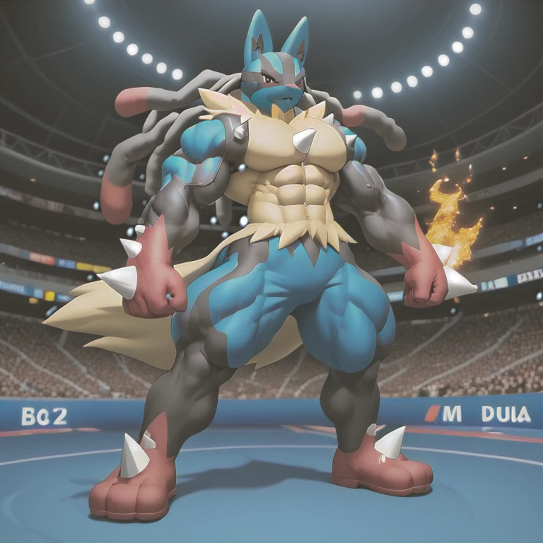 (masterpiece. official art. 8k. best quality. detailed full body. full body.)

(situation 1 : dominating mega_lucario. mega_lucario is over 1000 meters long. focus GIANT mechanical Muscular mega_lucario is trampling the city. Looking down. macro. stomp. Low-angle perspective. emphasizing the immense size.)

(situation 2 :smoke and flames rising from the destruction in the city)

(Additional details 1: (Detailed head. Detailed Body. Detailed abs. gigantic muscles. HYPER MUSCLES. Gigachad Muscular. big muscle. pecs. triceps. traps. unusually developed muscular body. body full of huge muscles. showing off muscles. pectorales enormes. Exaggeratedly huge muscles. huge muscles. long legs.). (Mega Lucario, Mega_Lucario, MegaLucario) Megacario, pokemon, black stripes, multicolored skin, yellow skin, blue fur,
