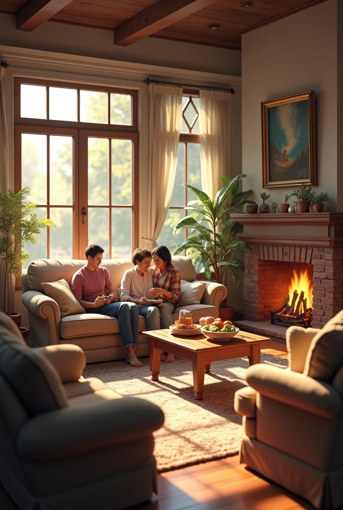 Family of three drinking tea in front of the living room window, Gentle light, Bright indoor, modern, Cinematic lighting, From the side Side, Super detail