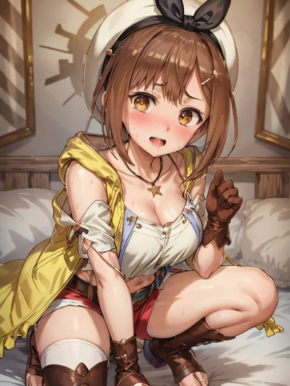 nsfw,(Squat down and spread your legs:1.2), Riser, 1 person, Alone, , Shorts, gloves, Belt Bag, Have, Head Ribbon, jewelry, 赤いShorts, Brown Hair, short Shorts, Bridal Legwear, necklace, Brown eyes, 片手gloves, Hair accessories, Valletta, star necklace, Closed-toe shoes, leather, star (symbol), White Hat, Brown gloves, Knee-high boots, Short Hair, Thighs, leather Belt, Tea Belt, Blue Belt, belly button,, Sleeveless jacket, Thighsポーチ, 白いThighs, clavicle,View your viewers, Big Breasts,Thighsが広い,In the bedroom,Atelier Ryza,(Heavy breathing,saliva, sweat, (blush: 1.5),Heart Eyes,