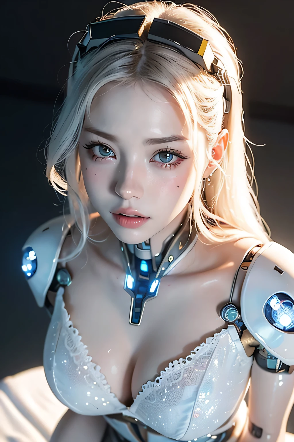 top-quality、​masterpiece、超A high resolution、(Photorealsitic:1.4)、(cyborg:1.6), ((view from above)), Raw photo、1 cyborg Girl、angelic face, perfect detailed hair, (Fine White porcelain cyborg body:1.6) with chinese blue and white patterns、white hair、high tech, glowy skin、((super realistic details))、portlate、global illumination、Shadows、octane render、8K、ultrasharp、character edge light, Colossal 、Raw skin is exposed in cleavage、Details of complex ornaments、Double Zeta Gundam details、highly intricate details、Realistic light、radiant eyes、Facing the camera exposed pussy