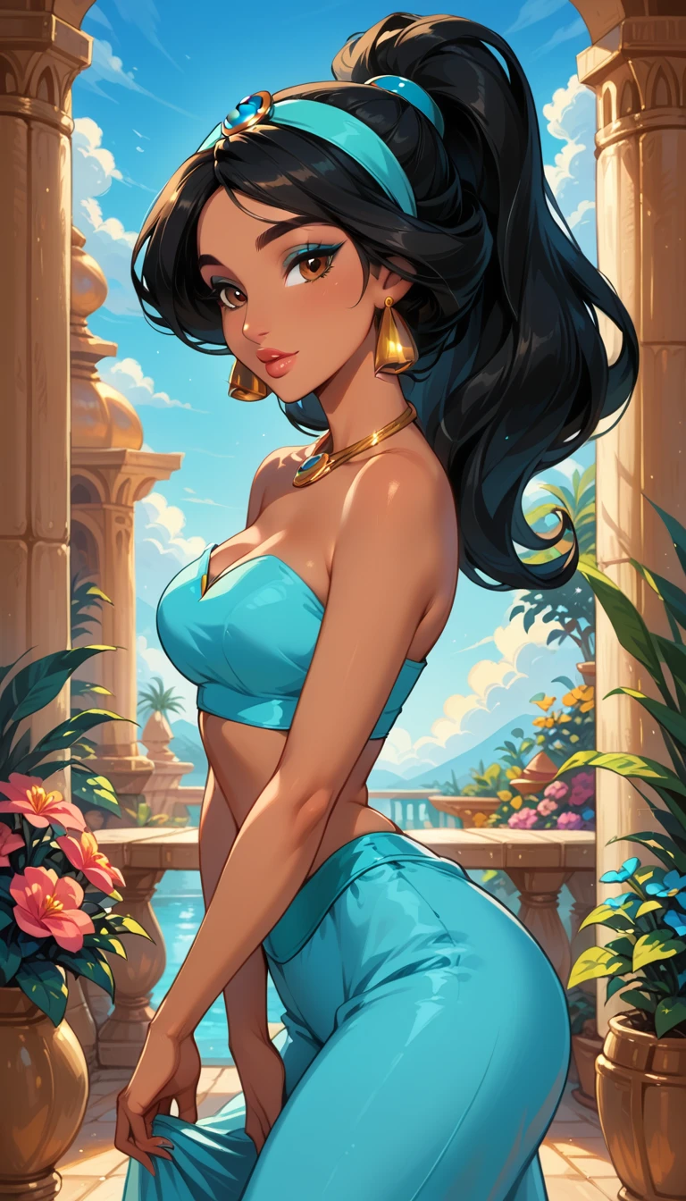 score_9, score_8_up, score_7_up, rating_questionable, epiCPhoto, 1girl, very sexy (Disney's Jasmine, ja_n, arabian woman, brown skin, black hair, brown eyes, ponytail hair, turquoise headband with sapphire, golden earrings, golden necklace, sky blue bedlah top, sky blue matching salwar pants:1.1), beautiful waifu, thicc, solo, cute, flirt, gaze, sexy look, half-closed eyes, head tilt, filled lips, thick lips, makeup, in palace garden, beautiful flowers, perfect, modelling shoot, sexy pose.