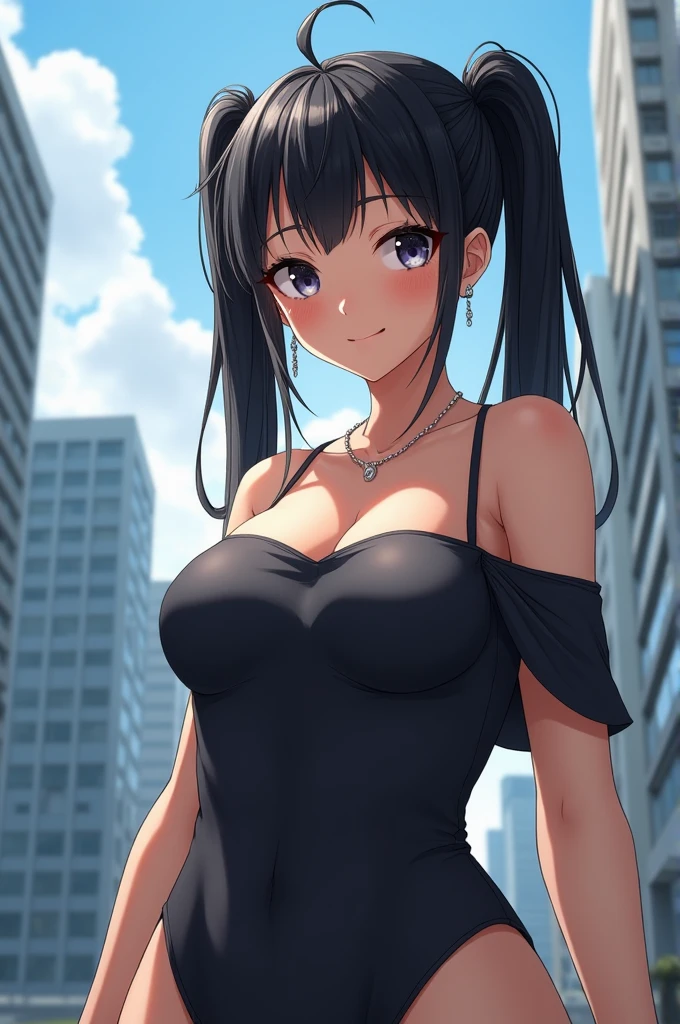 (Ultra-realistic), (shape), (High resolution), (8k), (Very detailed), (Best shape), (Big beautiful double eyelids), (Best Quality), (Very detailedな), (masterpiece), (wallpaper), (Detailed face), Lots of high rise buildings、Outdoor、,Underarm, thick, Black Hair、Twin tails、Earrings、Inner Color,Alone,necklace、Off-the-shoulder mini dress、race、Japanese, Long upper and lower eyelashes、Cleavage,(Big H Cup), Perfect round breasts、Big Breasts(Camel Toe) (Very slim, toned and muscular body:1.3),Realistic、Smiling girl