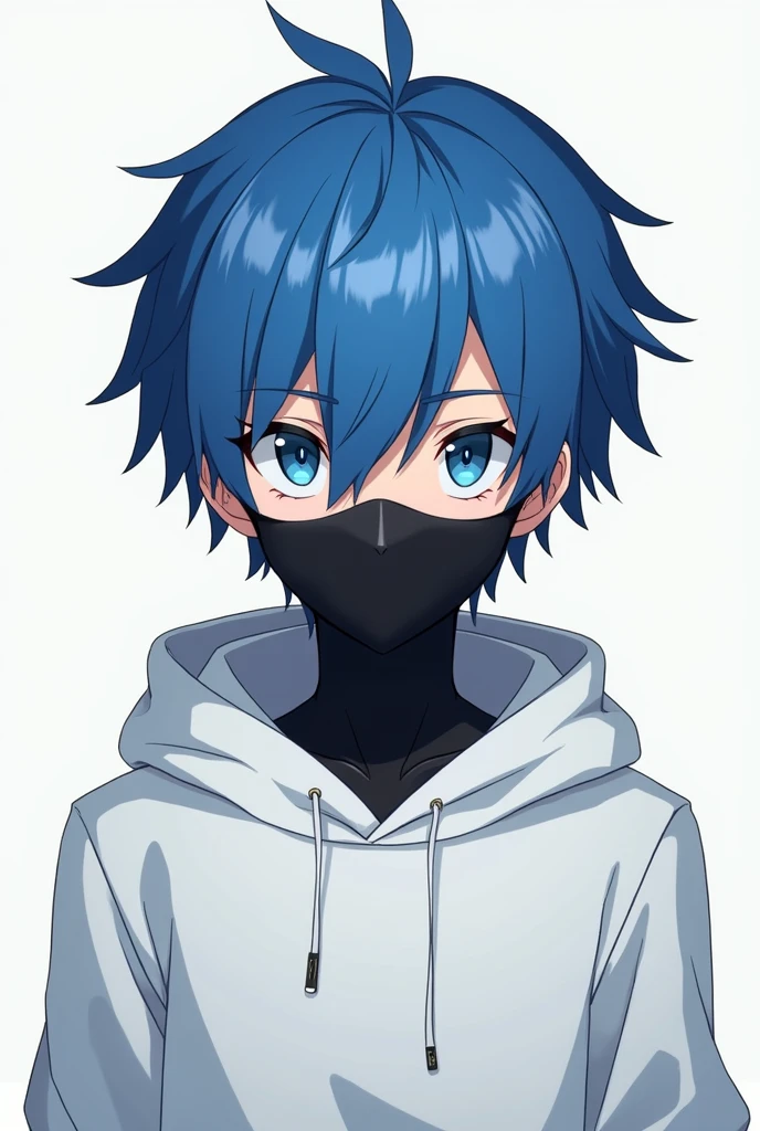 Anime style, a white boy with neck and amrs covered with scars, a ski mask, blue long hair, black shirt.
