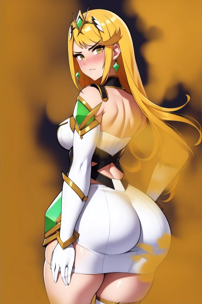 1girl, solo, adult mature woman, age 30, angry, angry symbol above head, high quality, best quality, highres, high detail, rim lighting,iridescent aura  mythradef, tiara, white dress, chest jewel, white gloves, elbow gloves, thigh strap, earrings, facing away from viewer, back facing viewer, looking at viewer over shoulder, farting, fart, big butt