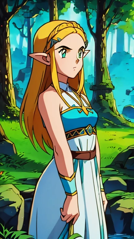 (s:1girl: pricess zelda, nintendo, the legend of zelda, botw), (extremely detailed CG unit 8k wallpaper),(master part), (best quality), (ultra detail), (best illustration),(digital art), standing, neutral pose, cowboy shot, (Sharp eyeliner, ombre, detailed eyes:1), forest, outdoor, ,break , (pokemonstyle), upper body, (white dress, dress)