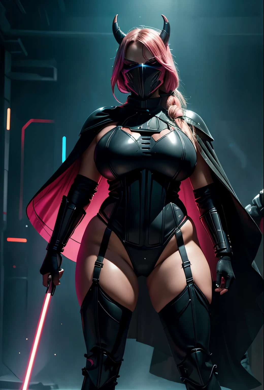 long thick light double sabre, half mask, stormtropers clone wars, horny, angry, american face, fishnet stockings, bdsm harness, curvy body, very wide hips, huge breast, busting out, big ass, pony tail, strong makeup, red glowing eyes, monokini, armor top, cape, high heels, standing on the ground, battlefield, neon future, techno, epic light, proffesional photo, studio, star wars, sith