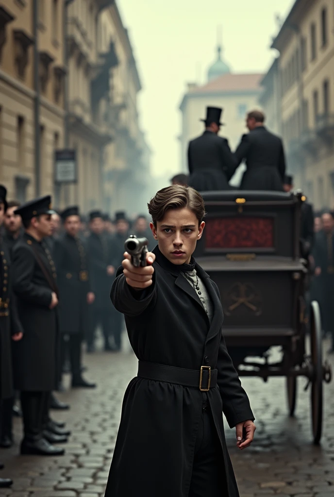 score_9, score_8_up, score_7_up, source_photo, photography, realistic, , detailed, cinematic angle, rating from side, safe, Wide shot, 1boy, Eliot Ness in Black Trench Coat is holding a submachine gun to viewer, masterpiece, 8k,