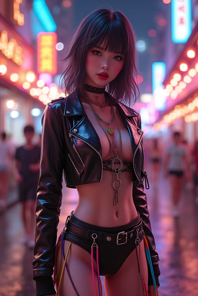 ((masterpiece))((highest quality))((27 year old girl,shoulder length highlight hair ))head to knee portrait ((she's seductively standing alluringly sexual revealing herself through opening her outfit. Her breasts are bursting out of her top. Her back is exposed. Huge buttocks.Partially exposed breast naked. )). ((Background is a Highly detailed cyberpunk club with multicolor LED lights. Graffiti .Luminous.))4k. Highly intricate details. Cinematic. Highly Reflective wet sidewalk. Full body portrait. 4k art by jeehyung lee