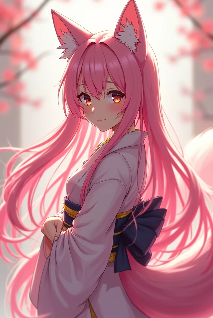 Yellow eyes, pink hair with buns, school uniform, kitsune features