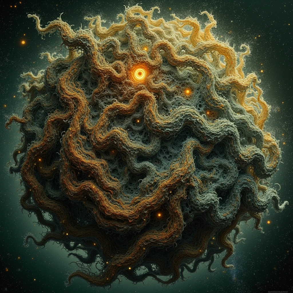 cosmic horror, a monstrous giant eye in the sky, with tentacles, yellow and black, horror, dark mood, dark ambient, in a yellow tentacles dark world