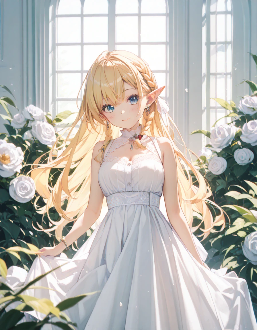 彼女はElfの女王、Blonde_braided ponytail＿Elf_White dress with slit＿A kind smile、White Garden、(high quality、Score_9， Score_8_superior， Score_7_superior、Cell Shooting)