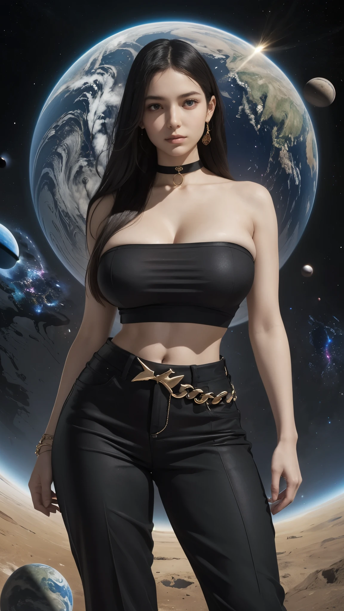 girl, (standing on display pedestal), with scars over her body, black tube top, (gigantic breasts:1.2), navel, black loose tailored wide pants, choker, very straight hair, long black hair, looking at viewer, nebula, circular background, (one planet as background:1.4), arrogance, oppulent details, high-end material, alluring, elegant, fashion statement, theme dominated by black colors, (close-up shot:0.8)