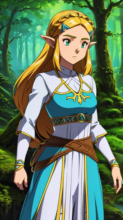 (Teens:1girl: pricess zelda, nintendo, the legend of zelda, botw), (extremely detailed CG unit 8k wallpaper),(master part), (best quality), (ultra detail), (best illustration),(digital art), standing, neutral pose, cowboy shot, (Sharp eyeliner, ombre, detailed eyes:1), forest, outdoor, ,break , (pokemovies), upper body, (white dress, dress)