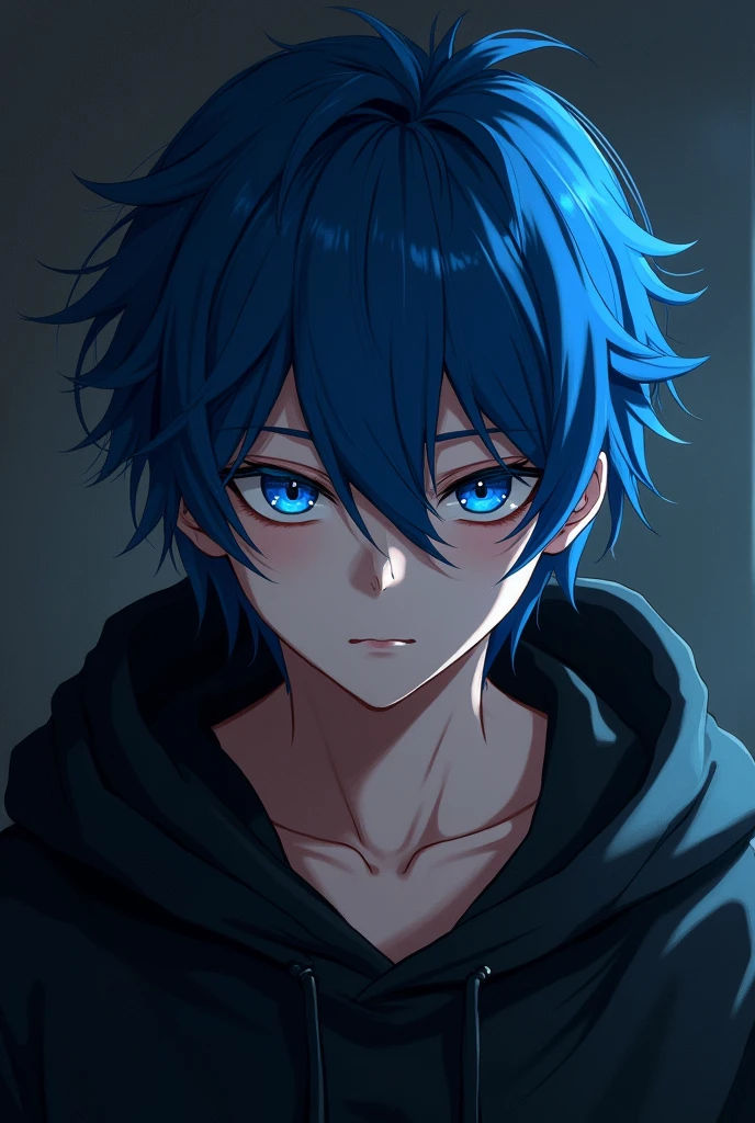 A boy blue hair and blue eyes anime Blck Hoodies attitude in dark room ...
