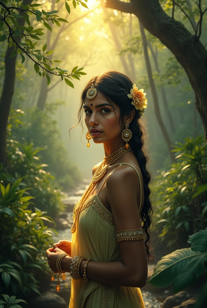 Beautiful indian woman posing, straight photoshoot pose, full body portrait, moonlit night, night time, winter, walking on forest path, detailed face, cute, big eyes, iconic, photorealistic, mountain temple, detailed background, big breasts, sexy thin saree, long wavy hair, cleavage, symmetric face, masterpiece, 8k, ultra realistic A little milk has come out and the hand is in the milk