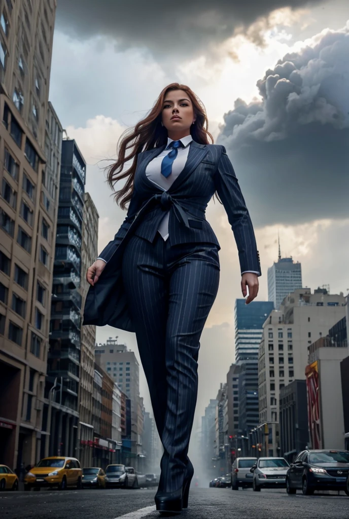 Giantess art, tera giantess in distance walking on countries, young women with beautiful curves, massive thighs, ginger hair, lipstick, wearing a perfect form-fitting loght grey pinstripe trouser suit and blazer, crisp white shirt with large spread collar, large blade width Windsor knot blue tie, with massive breasts. She is wearing platform high heels A towering woman looking at viewers, Her toned and she lean and slender body. She seems to be casually strolling through the bustling cityscape of New York City, as towering buildings loom overhead. Smoke and clouds roil around her, adding to the sense of epic scale and drama. The lighting is dark, gloomy, and realistic, creating a tense and ominous atmosphere. The perspective is from below, emphasizing the sheer majesty and power of the A towering Giantess. This image is highly detailed, photorealistic, best quality, a masterpiece, with cinematic lighting, ultra-detailed, long ponytail hair with front bangs, high altitude photography, satellite view, a curvy figure, heaving bosom, legs, a stepping on mulitple mega city,, destruction, buildings, roads, a cloudy, overcast, hazy atmosphere, and wispy clouds. Pov