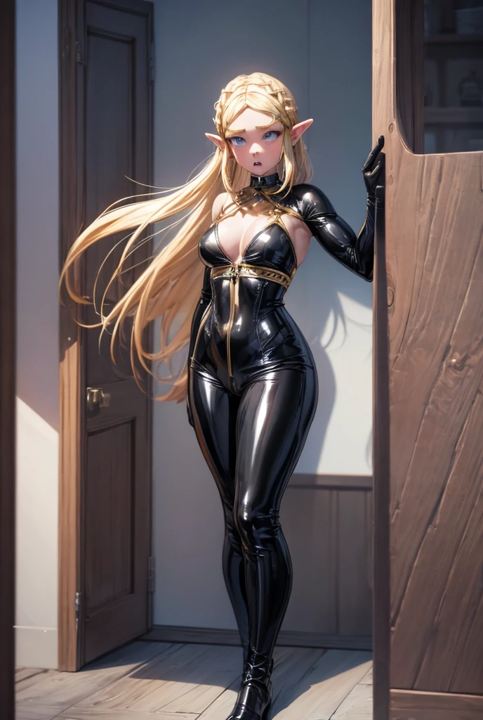 ((masterpiece, best-quality, ultra_detailed)), female elf dressed in latex booty shorts, gorgeous, attractive, african, voluptuous, ample hips, insanelydetailedaccentuatedbigbooty, ((flirty)), looking at viewer, portrait, photography, detailed skin, Realistic, photorealistic, 8k, highly detailed, full-length frame, HIGH RAW detail color art, piercing, diffused soft lighting, shallow depth of field, sharp focus, shallow depth of field, hyperrealism, cinematic lighting