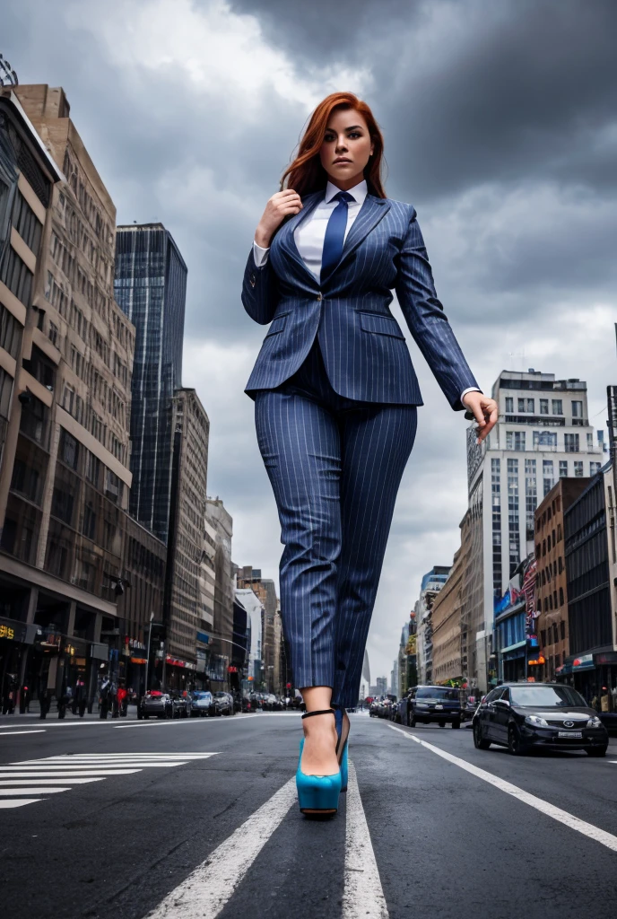 Giantess art, tera giantess in distance walking on countries, young women with beautiful curves, massive thighs, ginger hair, lipstick, wearing a perfect form-fitting loght grey pinstripe trouser suit and blazer, crisp white shirt with large spread collar, large blade width Windsor knot blue tie, with massive breasts. She is wearing platform high heels A towering woman looking at viewers, Her toned and she lean and slender body. She seems to be casually strolling through the bustling cityscape of New York City, as towering buildings loom overhead. Smoke and clouds roil around her, adding to the sense of epic scale and drama. The lighting is dark, gloomy, and realistic, creating a tense and ominous atmosphere. The perspective is from below, emphasizing the sheer majesty and power of the A towering Giantess. This image is highly detailed, photorealistic, best quality, a masterpiece, with cinematic lighting, ultra-detailed, long ponytail hair with front bangs, high altitude photography, satellite view, a curvy figure, heaving bosom, legs, a stepping on mulitple mega city,, destruction, buildings, roads, a cloudy, overcast, hazy atmosphere, and wispy clouds. Pov