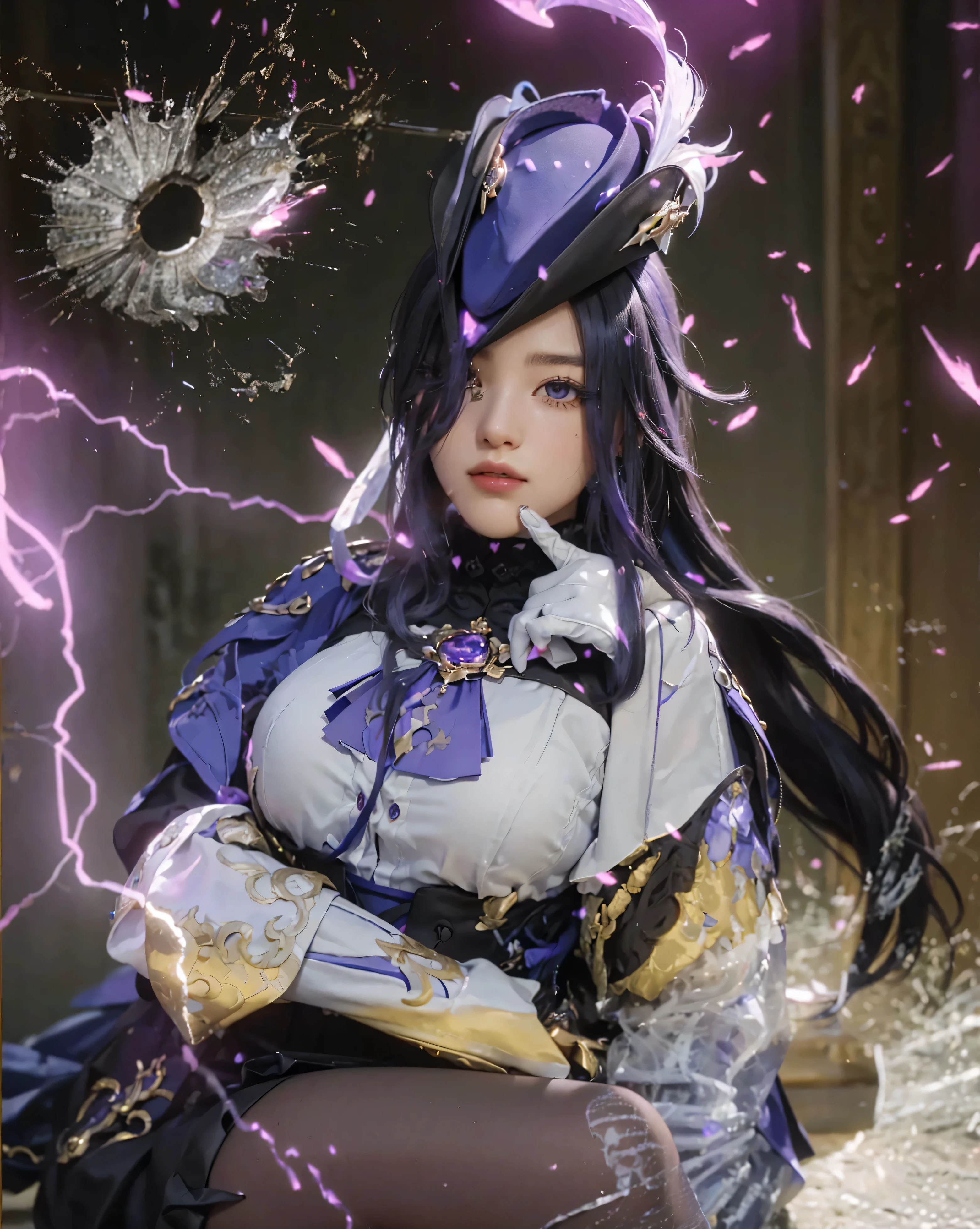 (( CLORINDE_GENSHIN IMPACT),((realistic, photorealistic)),(highlight hair)), Light reflection, (( HD )),((upper body)), (((best quality, masterpiece))), (masterpiece) (best quality) (detail) (8k) (HDR) (wallpaper) (cinematic lighting) (sharp focuasterpiece, best quality: 1.1), Real life adaption of this character, realistic outfit, realistic shadow, realistic light, realism, hyper realistic, realistic background,realistic hair,(photorealistic:1.2), (masterpiece: 1.2), (best quality: 1.3), (clear details: 1.3), ((((ultra-detailed)))), ((detailed eyes)), (extremely detailed face:1.4), (highly detailed eyelash:1.6), masterpiece, best quality, highly detailed, 1girl, solo, giclorinde, purple eyes, large breasts, hair between eyes, long hair, dark blue hair, earrings, black skirt, miniskirt, pantyhose, purple ascot, purple capelet, black corset, black pantyhose, black skirt, white gloves, hat, tricorne,Gunshot fragments, Gunshot scars, light particles, purple lightning